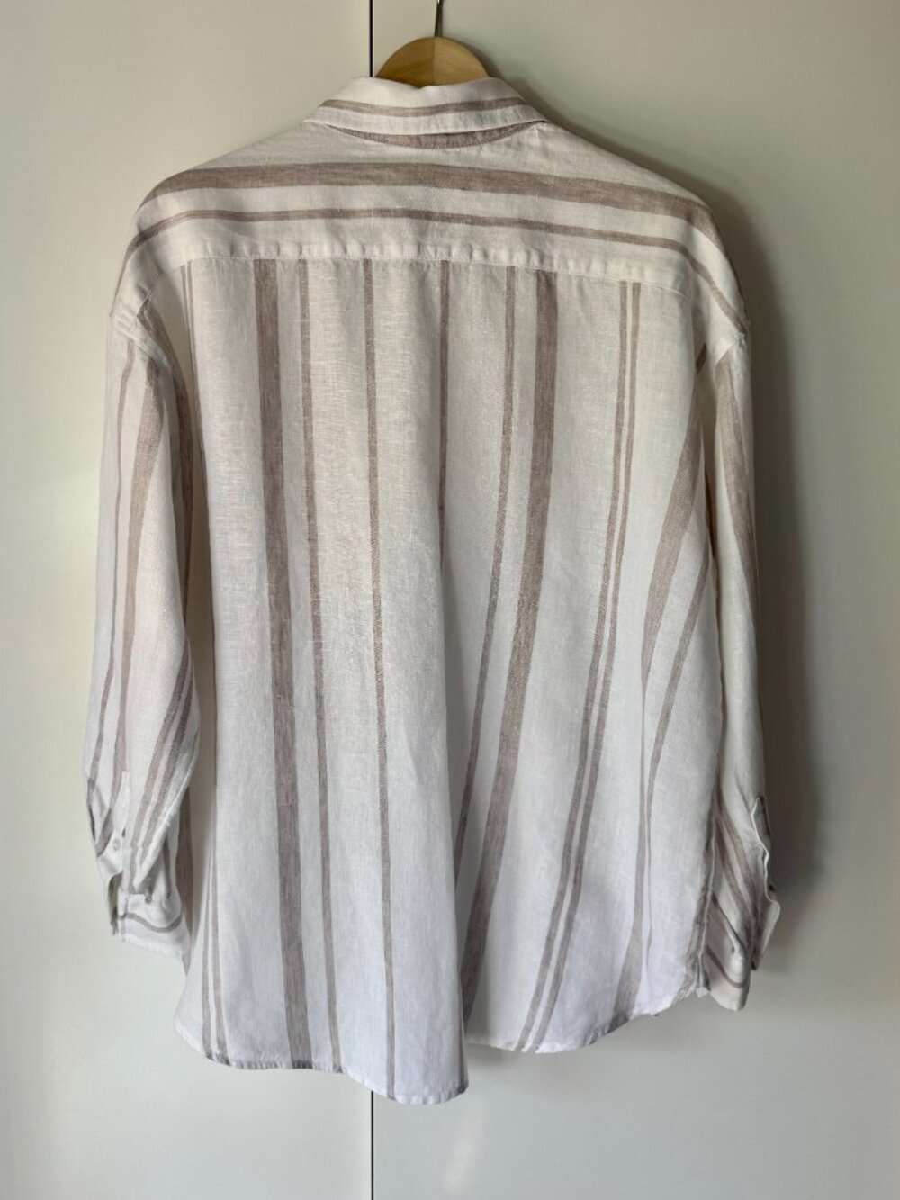 100% Linen Button Down Shirt | Beige Stripe | Size M - Picture 8 of 10